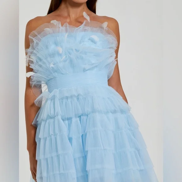 NWT $798 MAC DUGGAL Blue Feathered Strapless Tulle Fit and Flare Dress BLUE MINI Strapless
